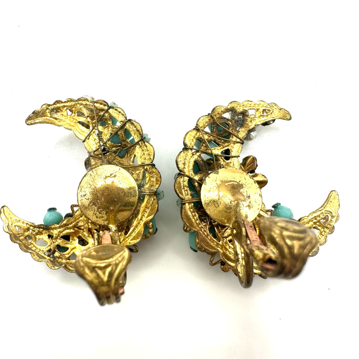 Vintage gold tone turquoise beaded rhinestones crescent moon clip on earrings
