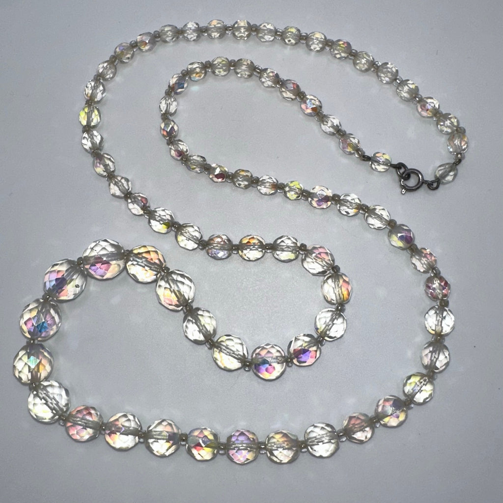 1950s vintage clear faceted glass aurora borealis AB graduated beaded necklace