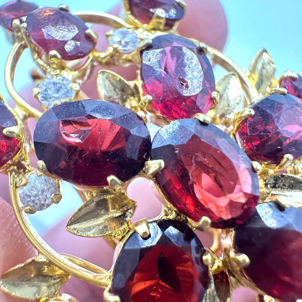 Gold plated real genuine red maroon garnets clear cubic zirconia CZ brooch