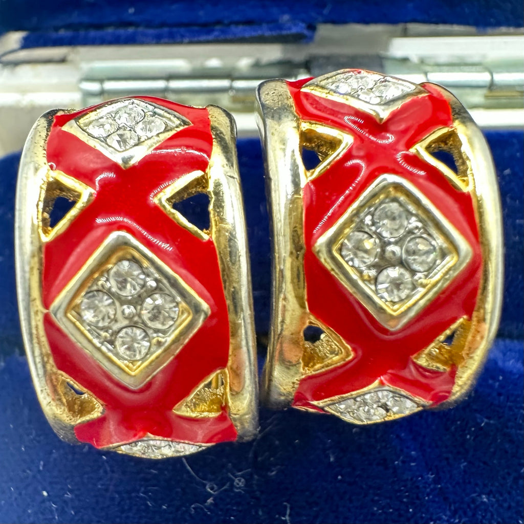 Vintage gold tone clear rhinestones red enamel half hoops clip on earrings