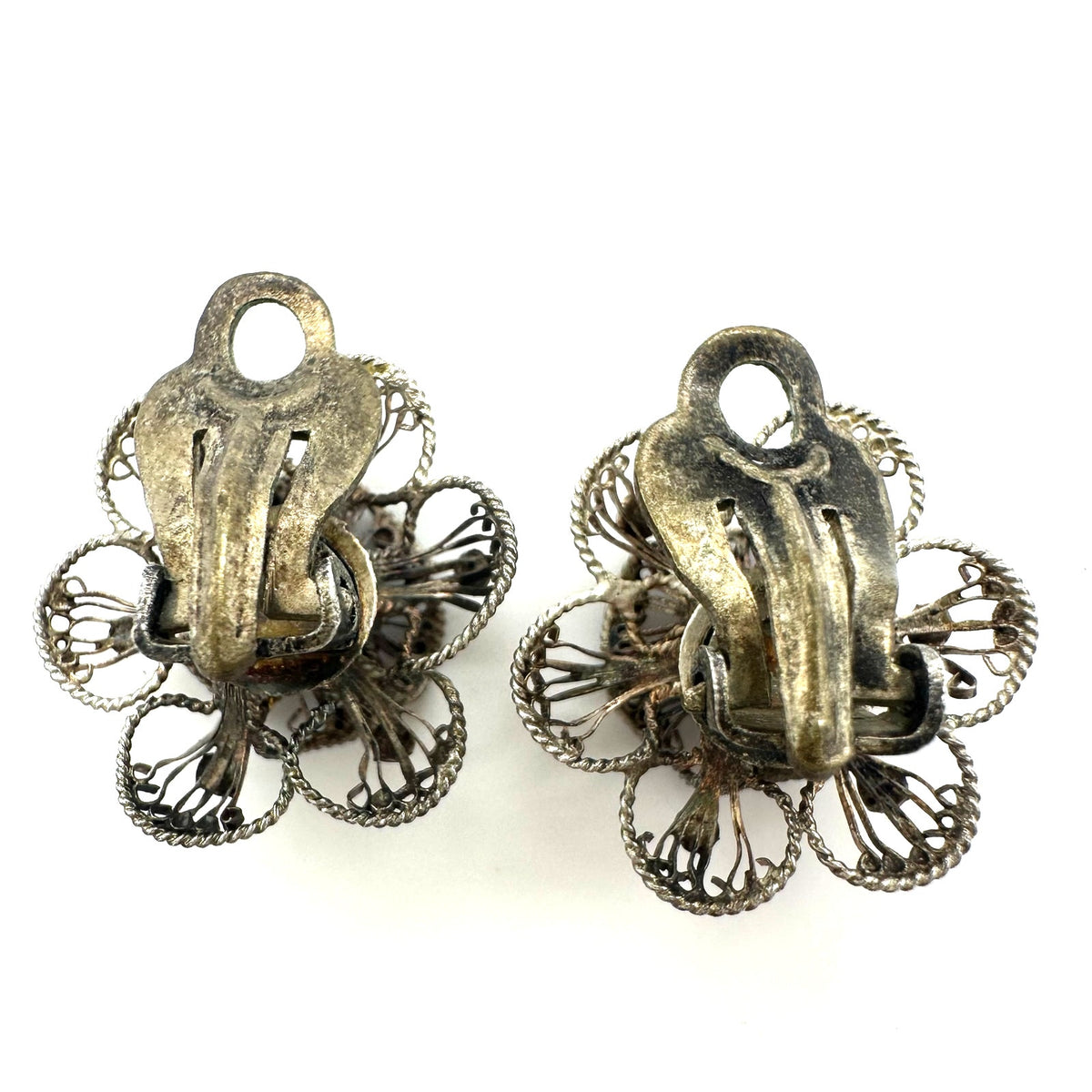Antique vintage 800 silver handmade filigree flowers floral clip on earrings