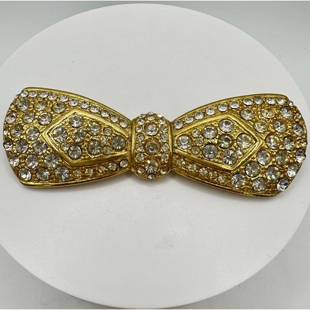 Vintage gold tone large oversized massive heavy clear rhinestones bow brooch