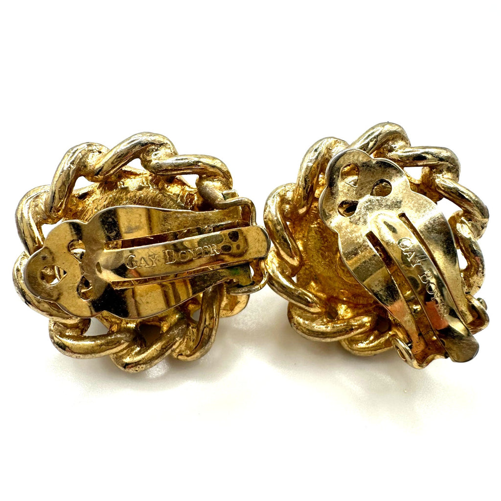 Gay Boyer  vintage gold tone blue art glass cabochon clip on earrings