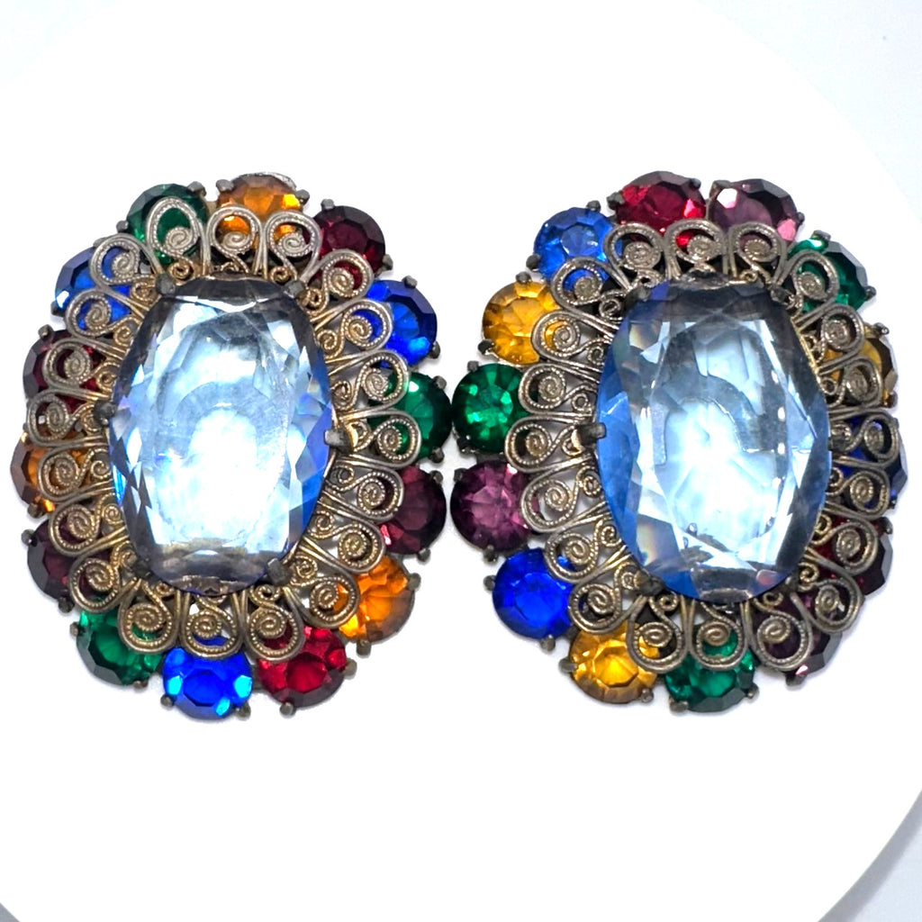 1930s 1940s Art Deco large multicolor Czech glass rhinestones set 2 dress clips