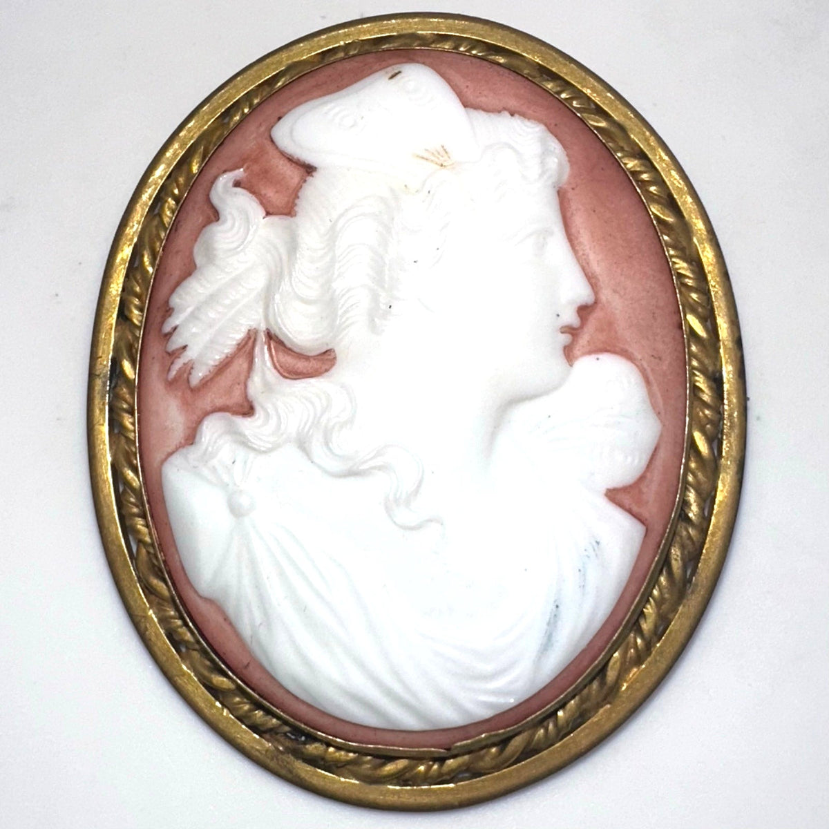 Antique Art Deco 1920s massive white pink porcelain cameo gold tone brooch
