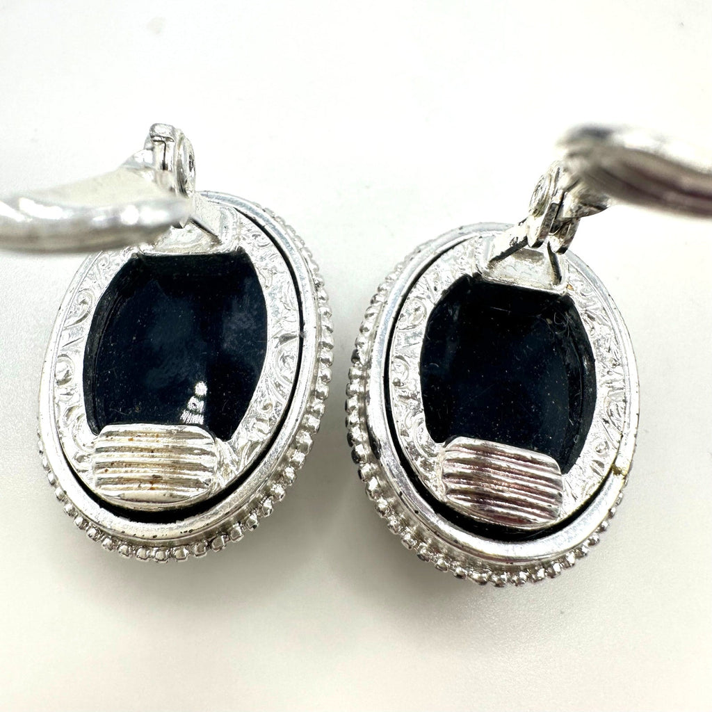 Vintage silver tone oval black glass mirrored cameos clip on earrings