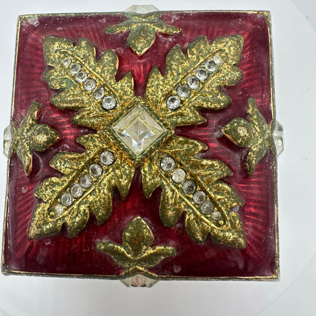 Folio vintage gold tone red enamel clear rhinestones trinket box 2x2x1.5