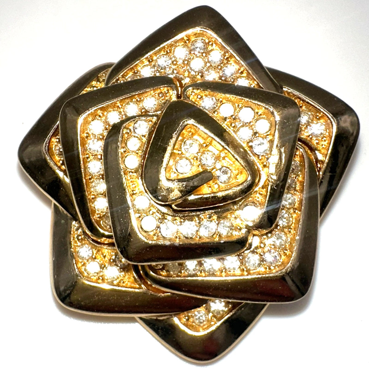 Rare Christian Dior 80s vintage gold plated clear crystals geometric rose brooch