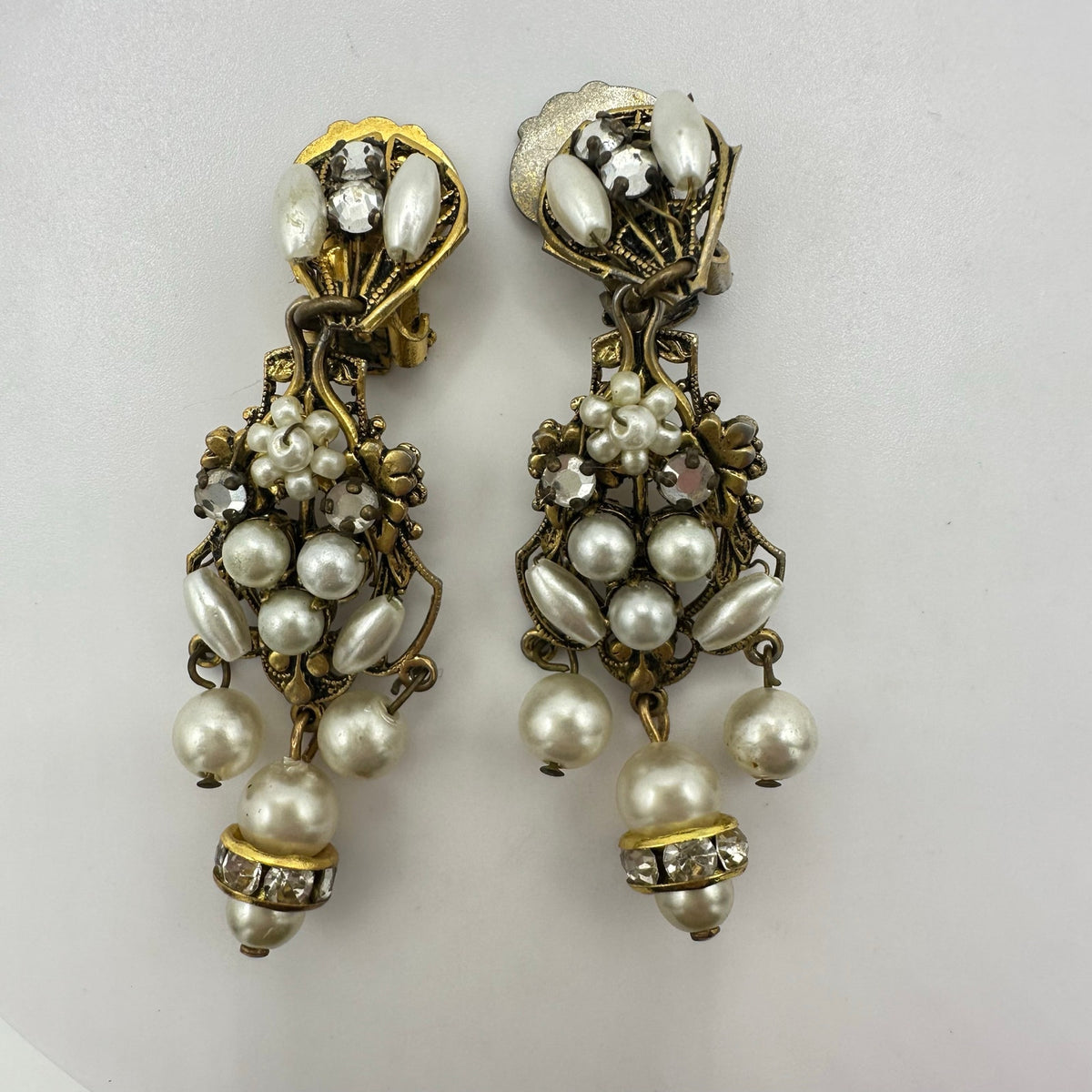Robert Demario unsigned gold tone rose montee rhinestones pearl clip on earrings