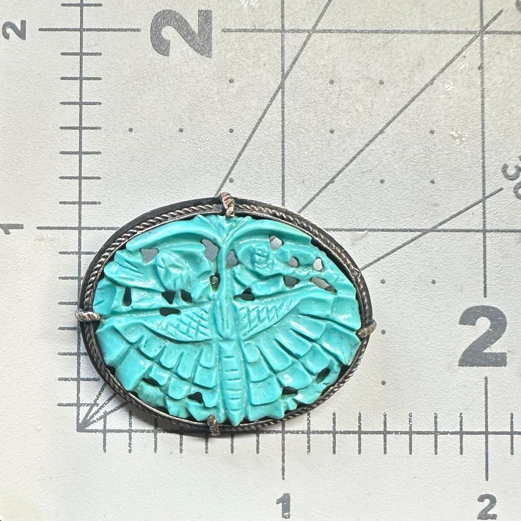Antique Chinese carved genuine turquoise sterling silver oval brooch pin 6.3g
