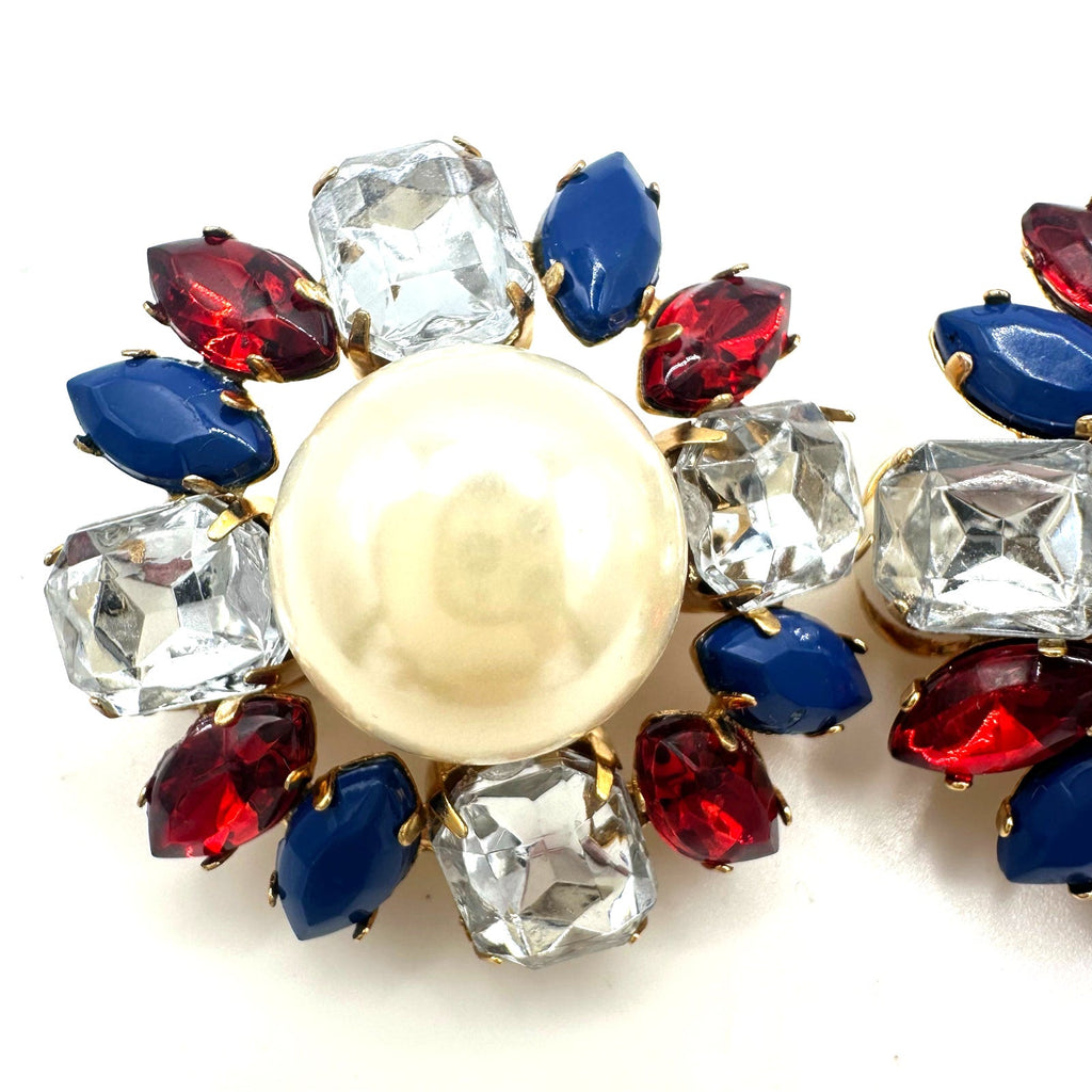 Vintage gold tone red blue clear lucite rhinestones faux pearl clip on earrings