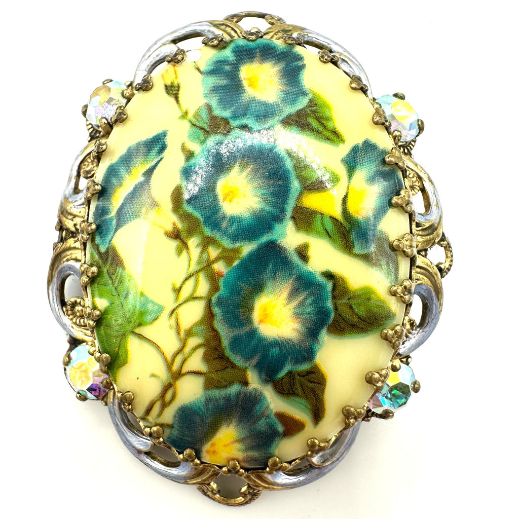 West Germany vintage gold tone floral portrait purple enamel rhinestones brooch