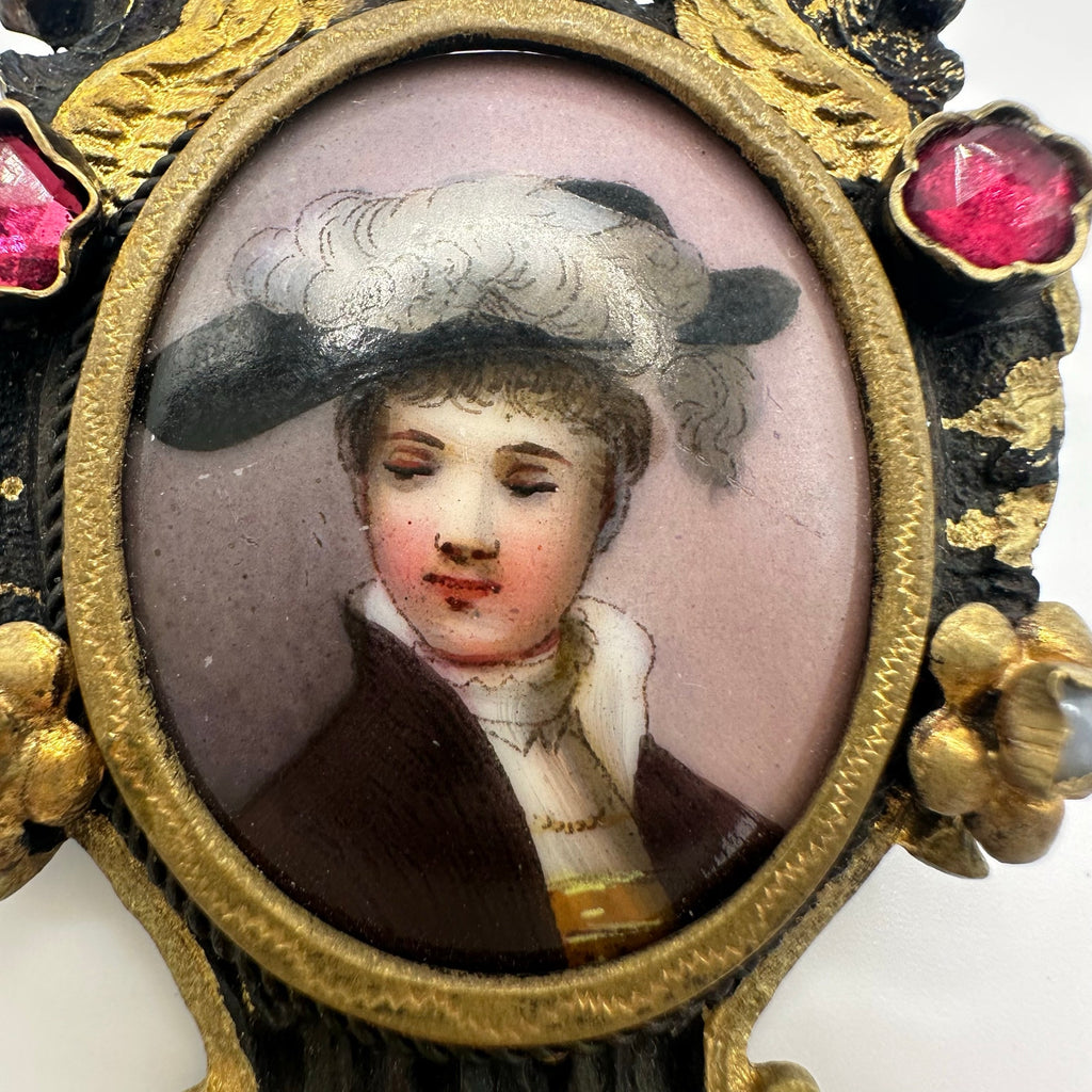Antique Victorian hand painted portrait miniature gold gilt glass gems brooch
