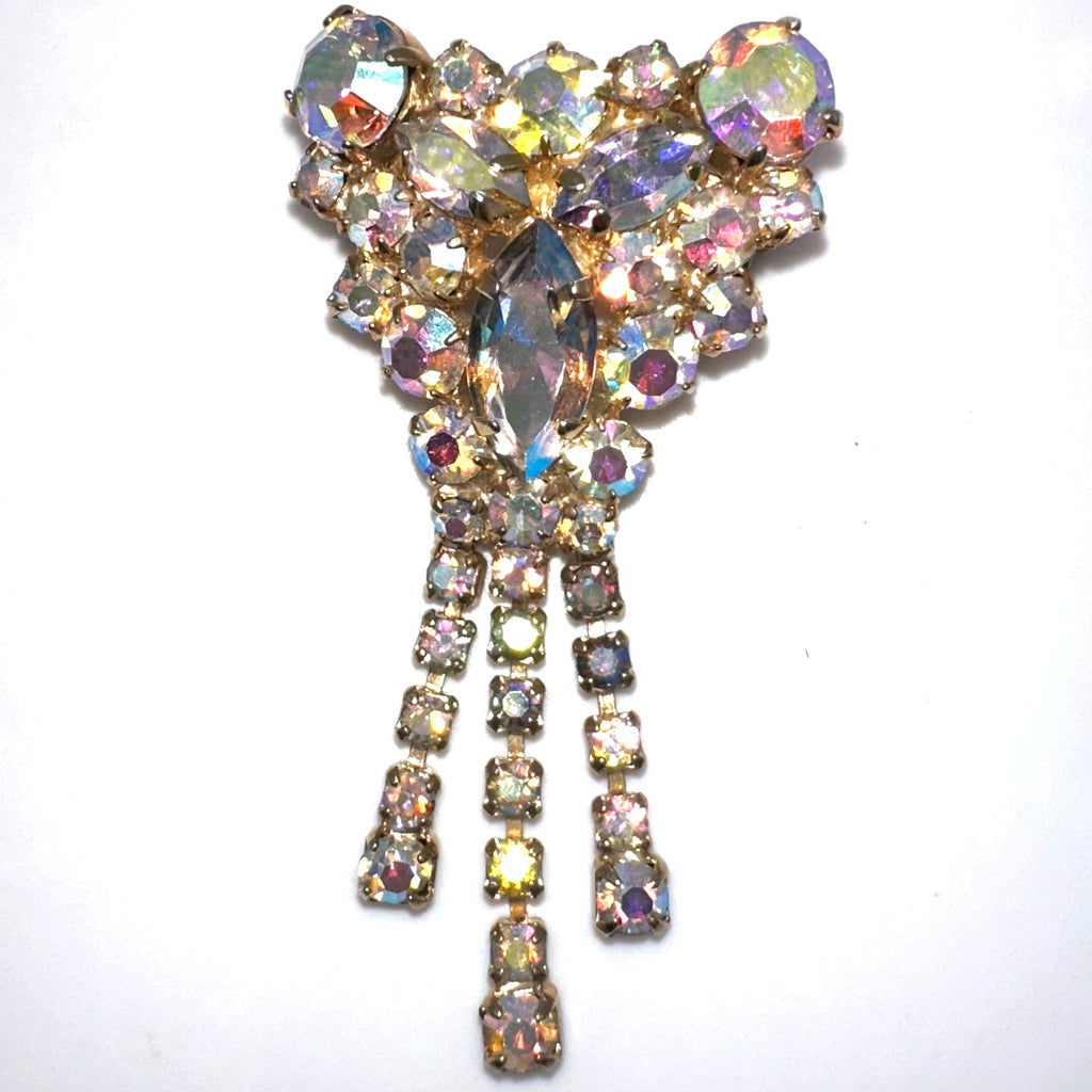 Vintage gold tone aurora borealis AB glass rhinestones fringe dangle brooch