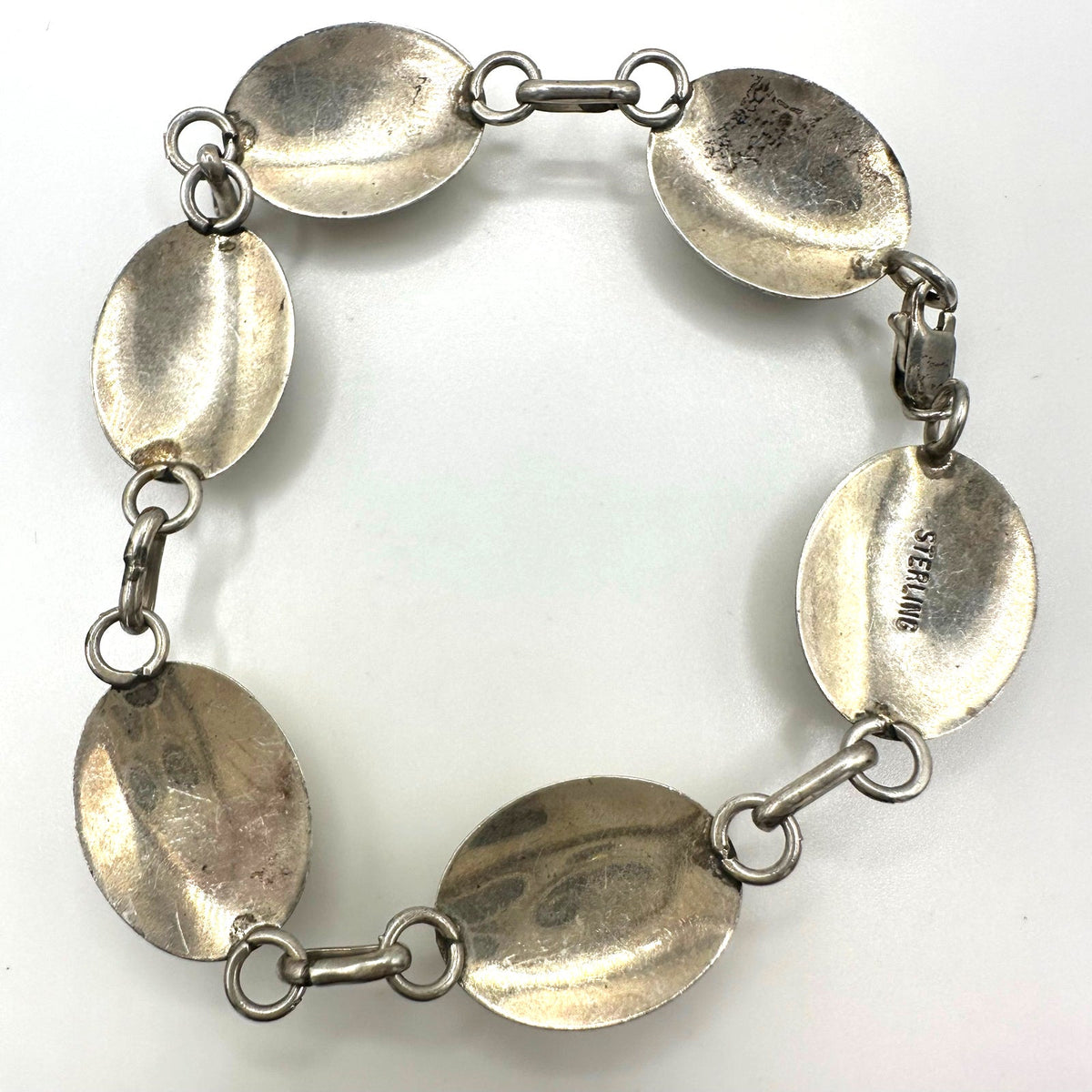 Vintage 925 sterling silver 6 genuine green malachite cabochons bracelet 8"