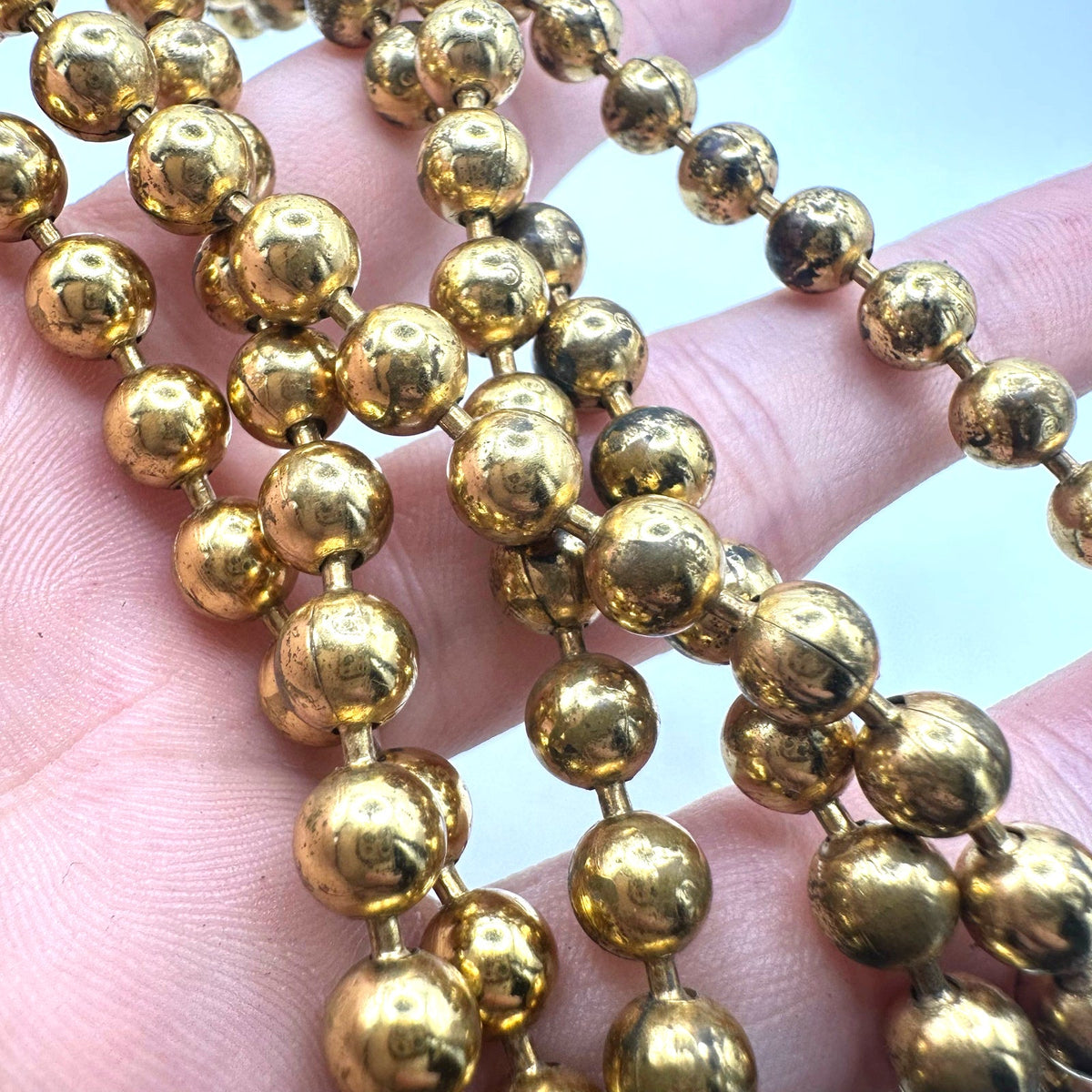 Antique Art Deco 1930s gold tone brass 6mm ball beads pull chain 59” necklace