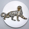 Vintage gold tone clear rhinestones black enamel leopard big cat figural brooch