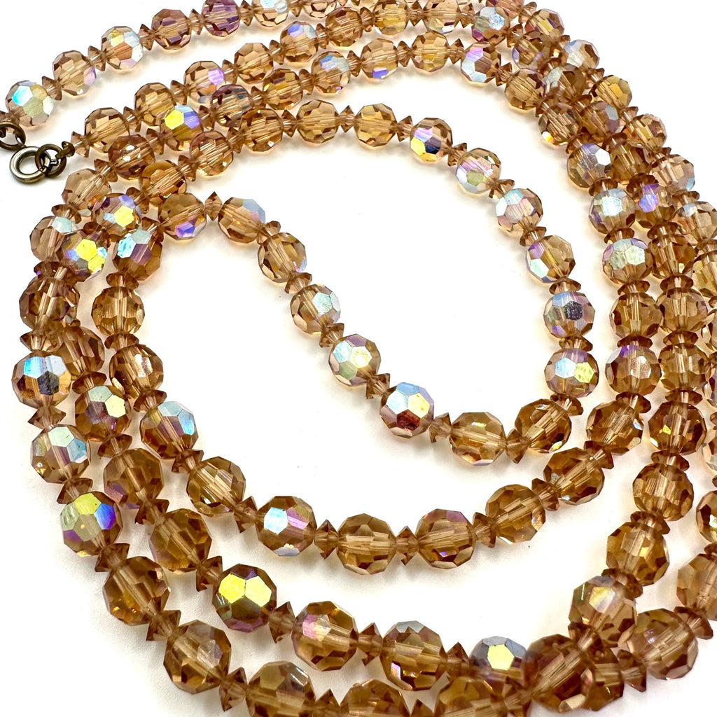 Vintage faux topaz faceted glass aurora borealis AB beads beaded 49” necklace