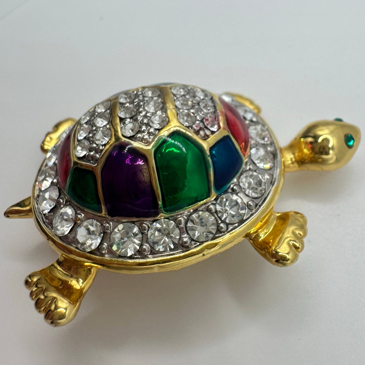 Vintage gold tone clear rhinestones multicolor enamel turtle figural brooch