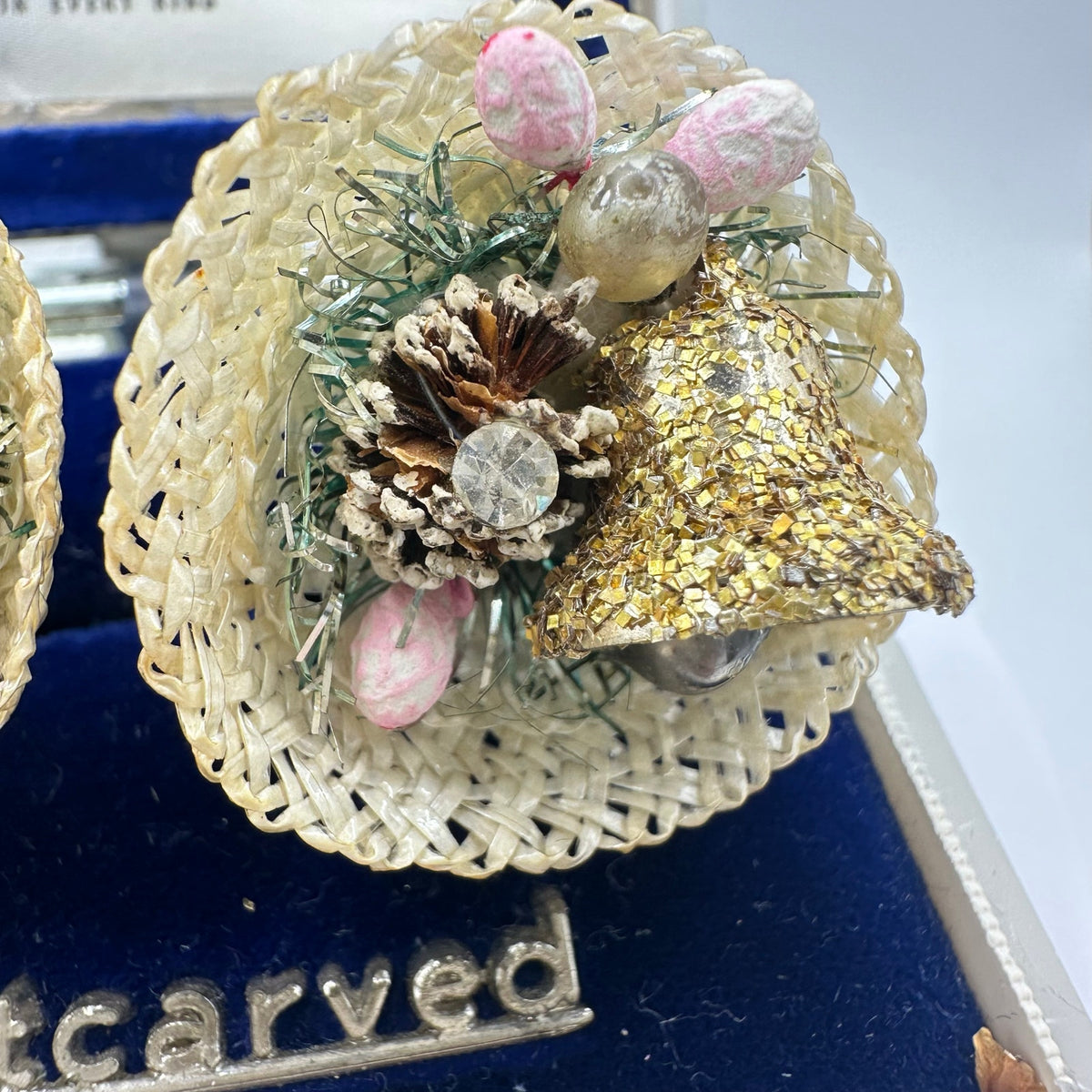 Japan vintage woven baskets pinecone bells berry beaded clip on earrings