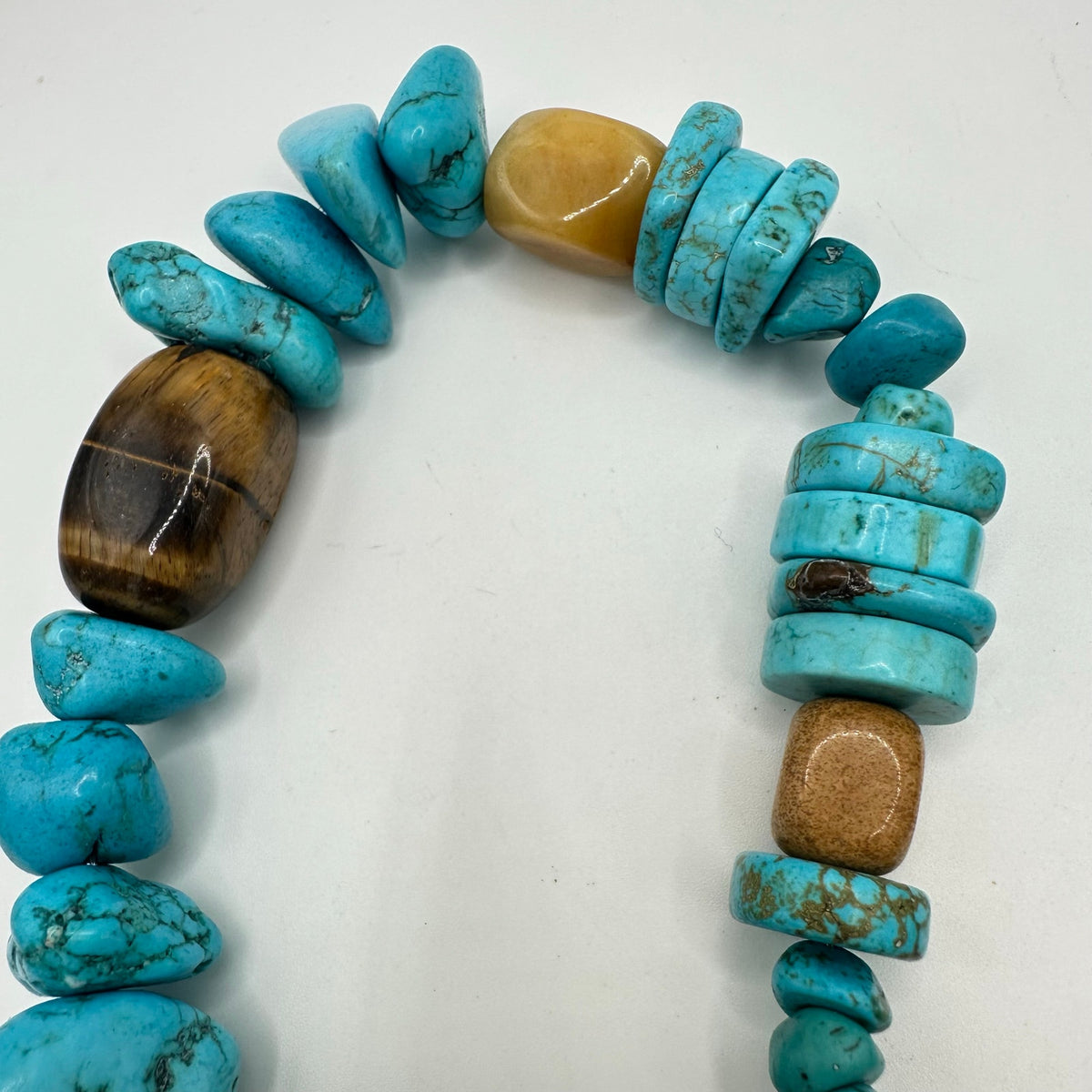 Turquoise tiger’s eye agate beaded sterling silver 30” statement necklace 331g