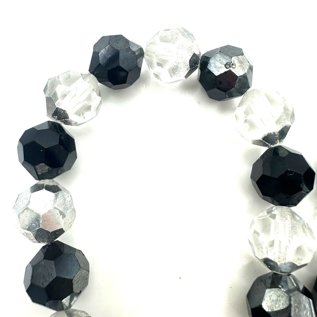 Vintage black silver comet argent clear faceted glass beads beaded 16" necklace