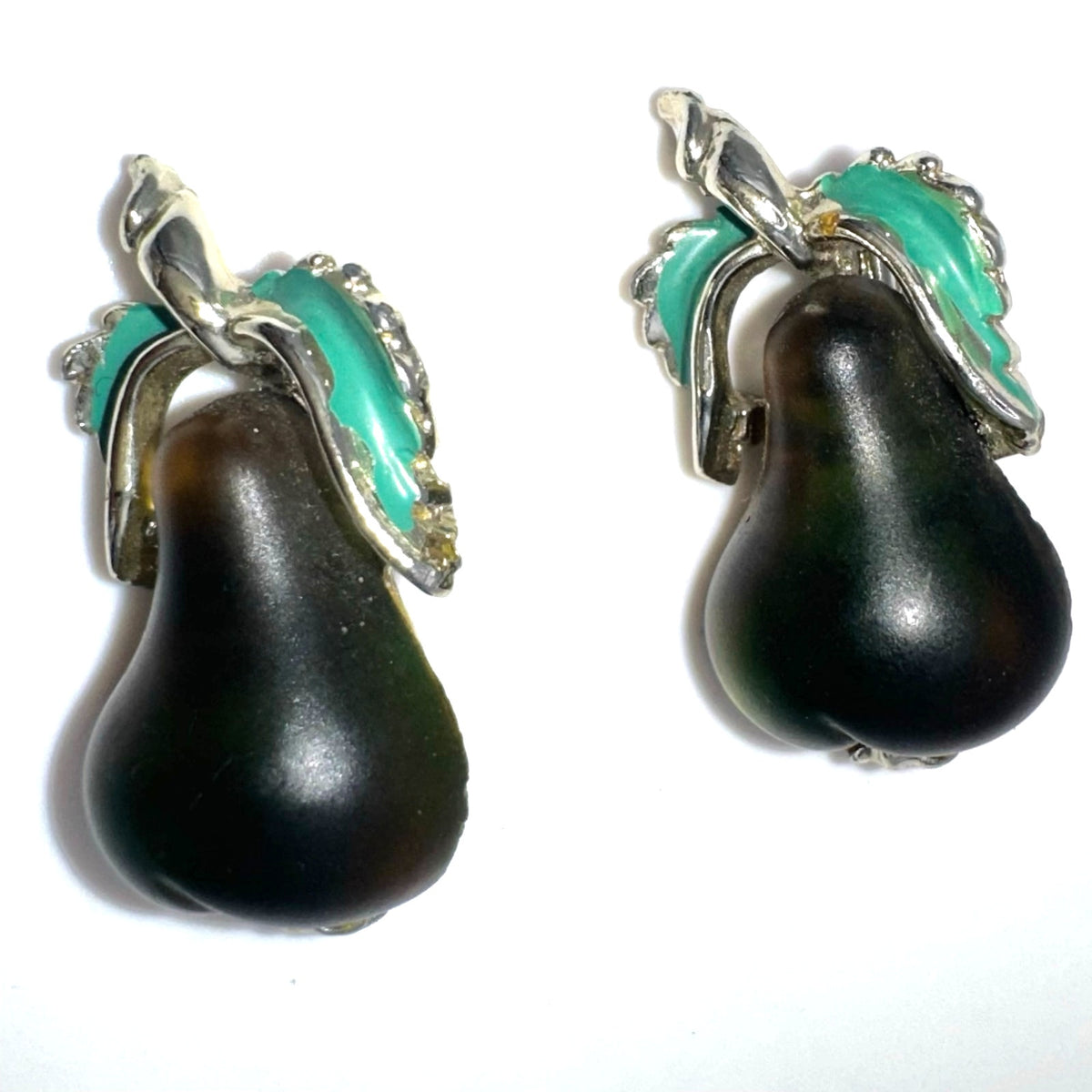Set 2 vintage gold tone green Austrian art glass enamel pears brooches pins