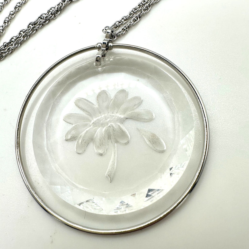 Hallmark vintage silver tone reverse cut crystal flower intaglio cameo necklace