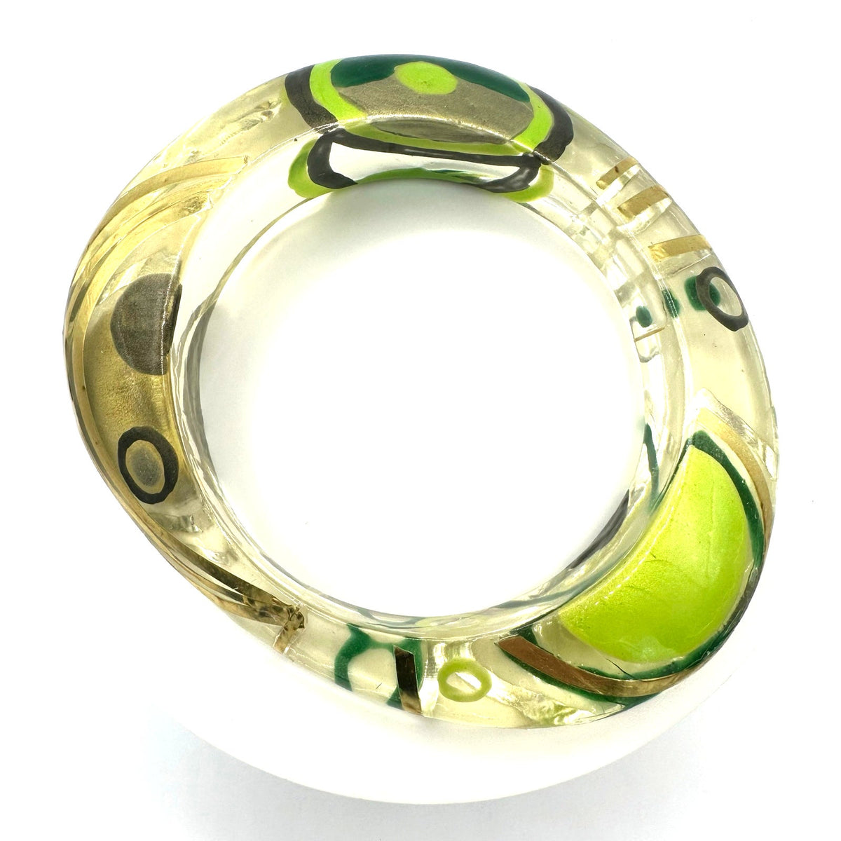 Vintage clear lucite/acrylic hand painted green gold chunky bangle bracelet