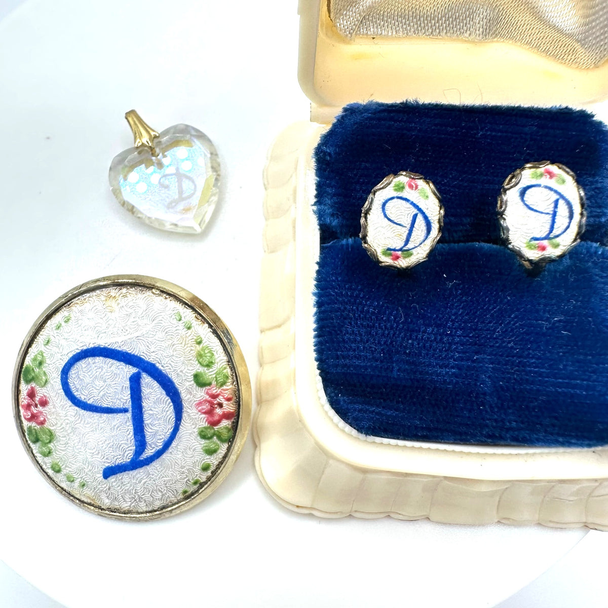 Bundle lot 3 vintage D initial guilloche enamel brooch earrings crystal pendant