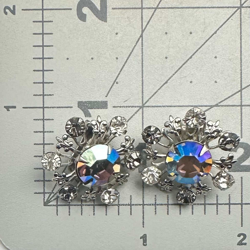 Vintage silver tone gray blue AB aurora borealis rhinestones clip on earrings
