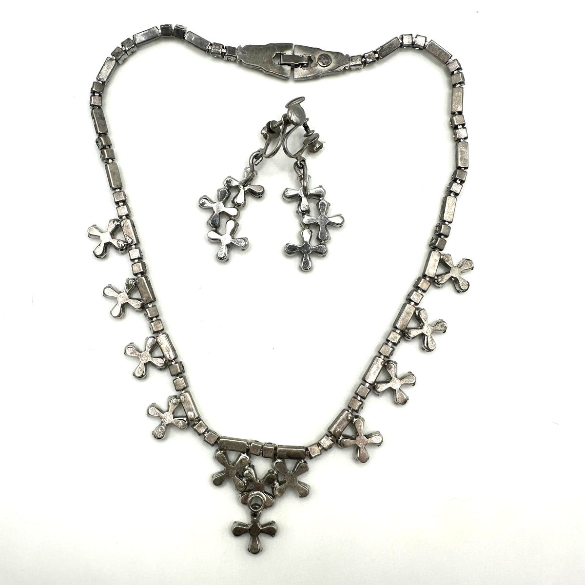 Phyllis vintage sterling silver clear rhinestones necklace earrings set