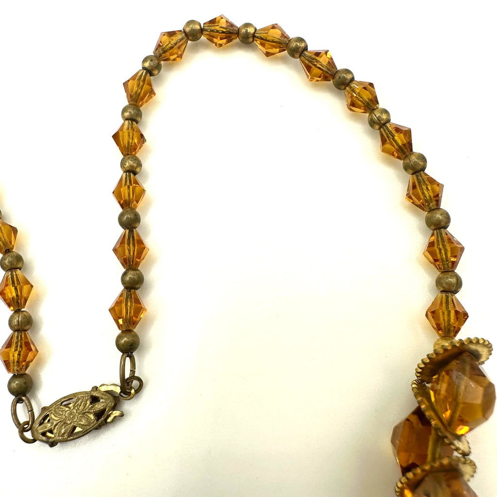 Antique Art Deco amber topaz Czech glass rondelles beaded 16” chain necklace