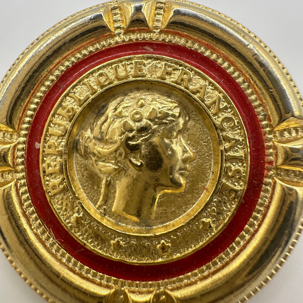 Vintage gold tone red enamel French Republic coin replica statement brooch
