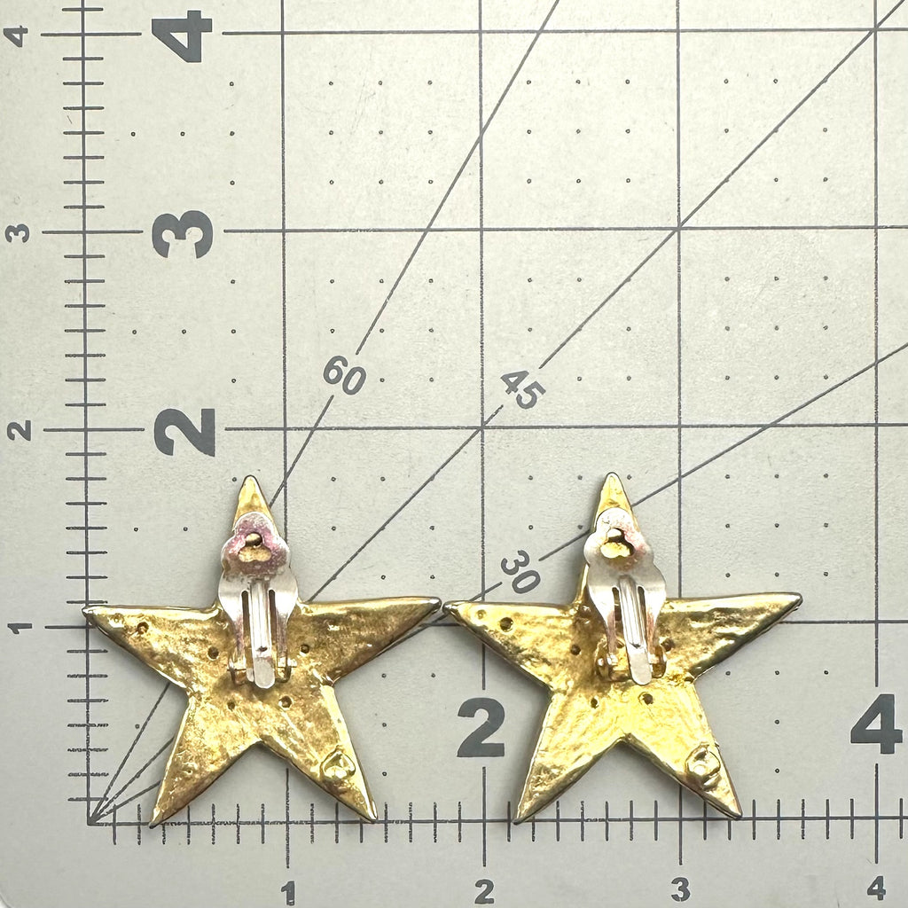 Vintage 1990s gold tone clear rhinestones 5 point stars clip on earrings