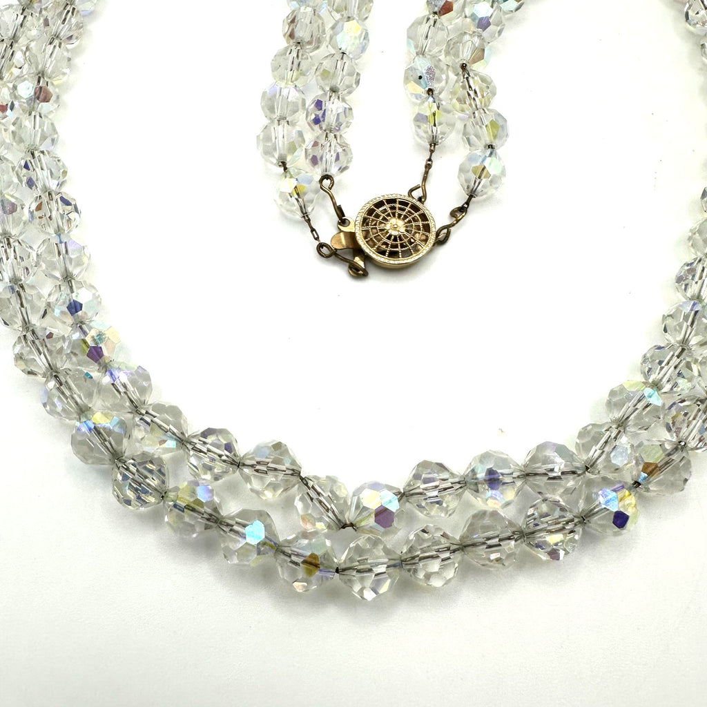 Vintage 2 double strand clear faceted glass aurora borealis AB beaded necklace