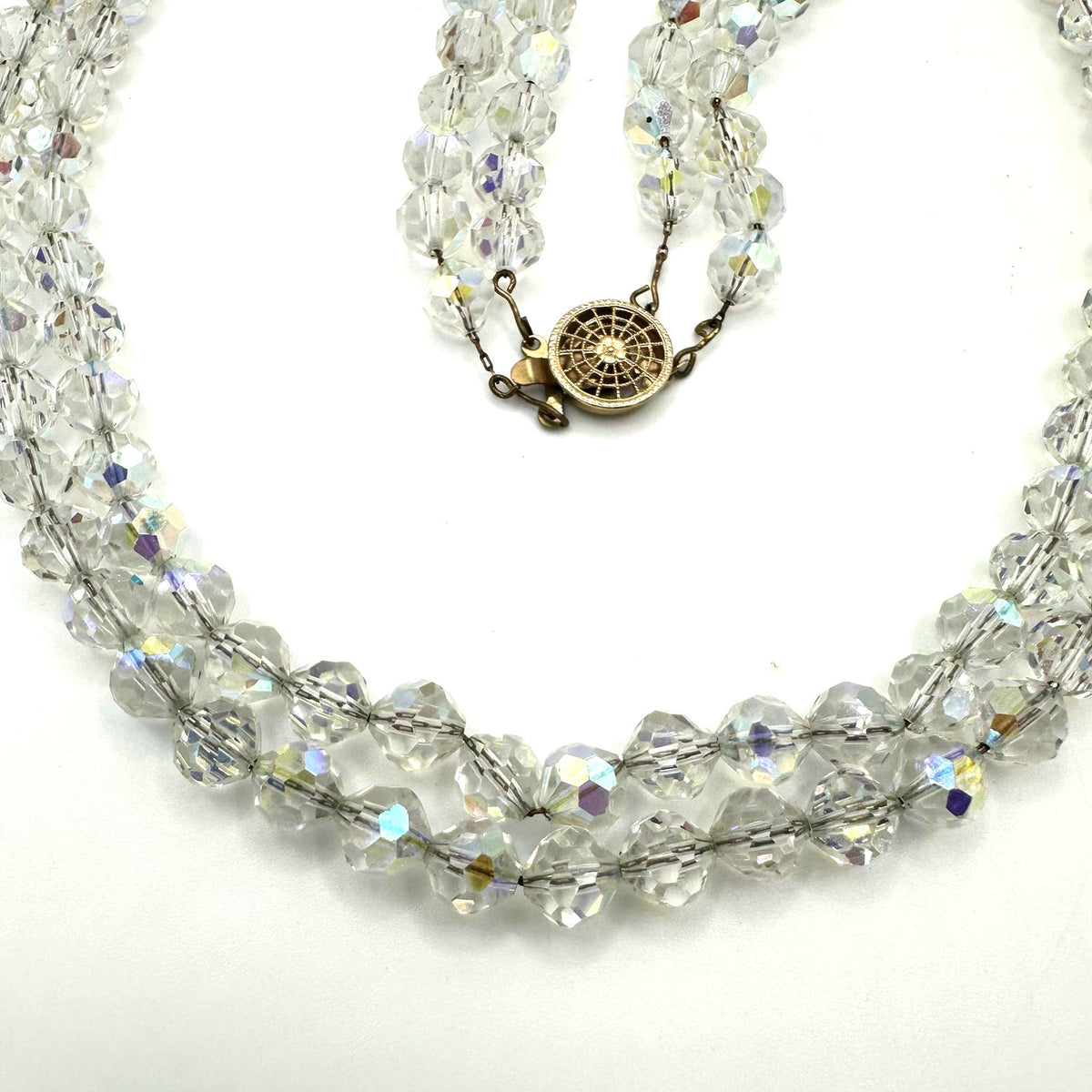 Vintage 2 double strand clear faceted glass aurora borealis AB beaded necklace