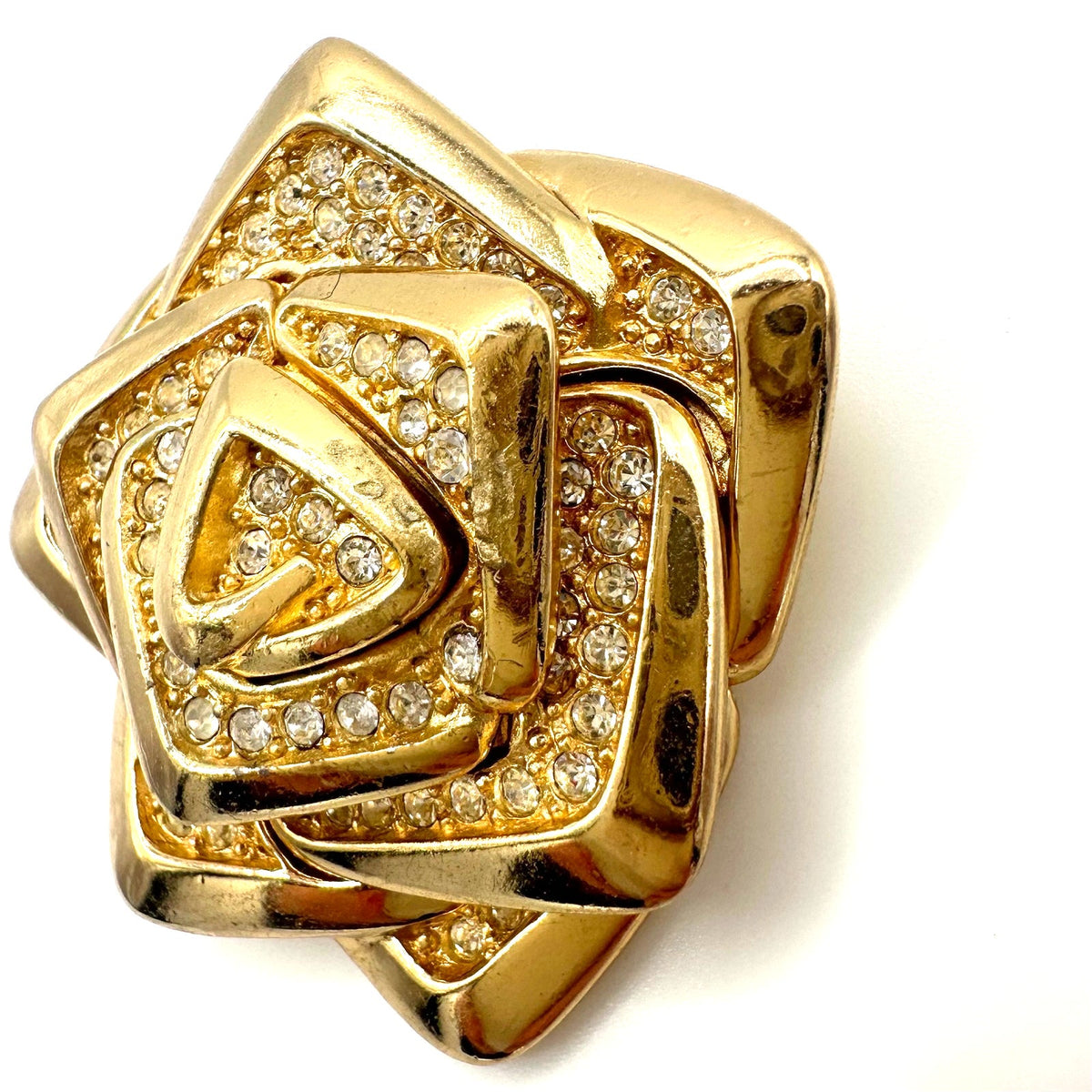 Rare Christian Dior 80s vintage gold plated clear crystals geometric rose brooch