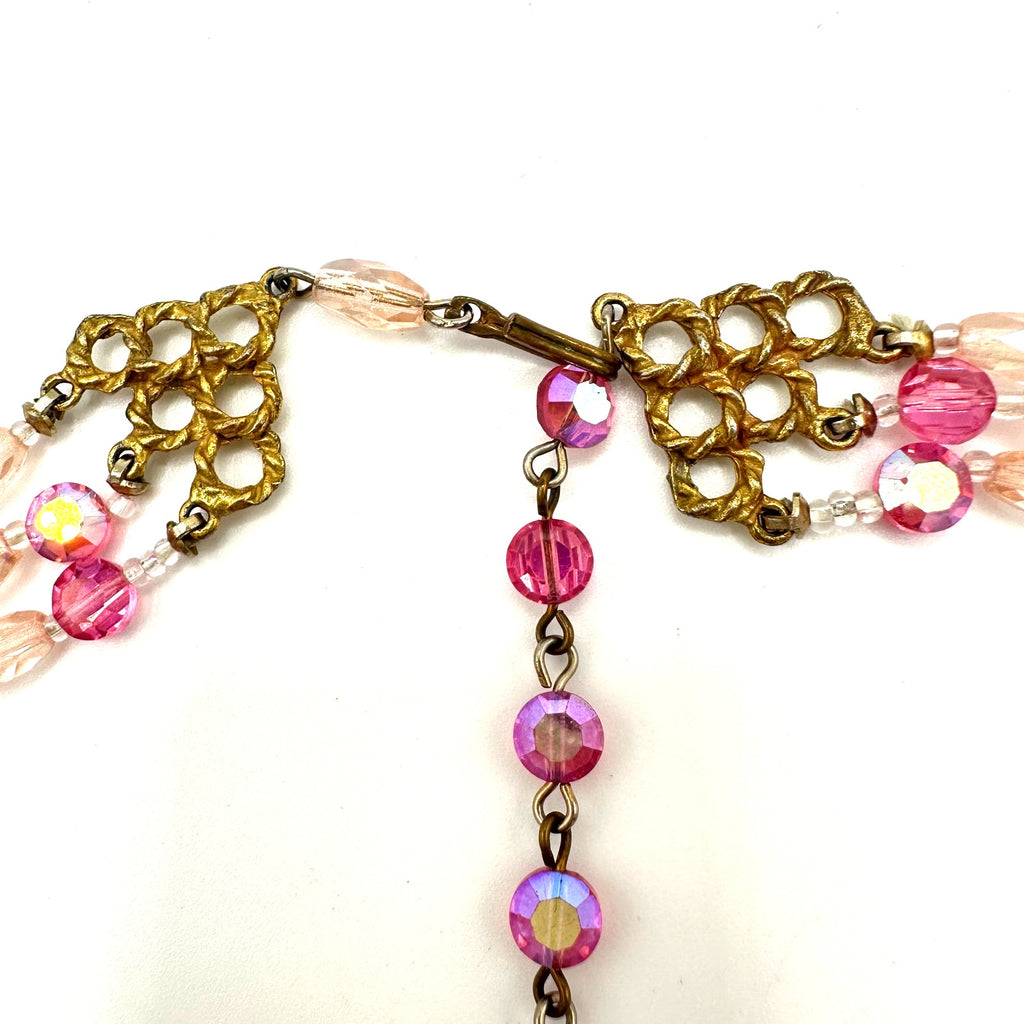 Vintage 3 triple multi strand pink AB aurora borealis glass beaded necklace