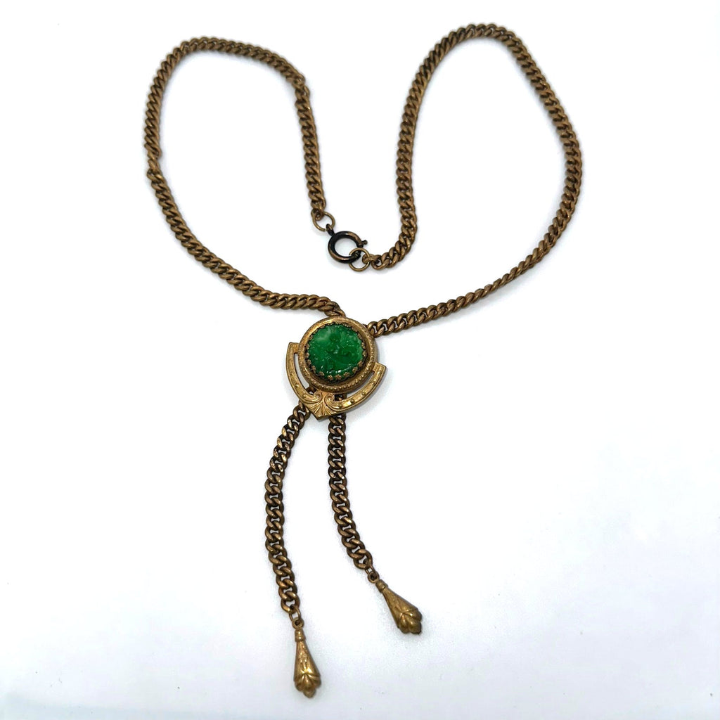 Antique vintage Victorian Revival brass molded green glass slider fob necklace