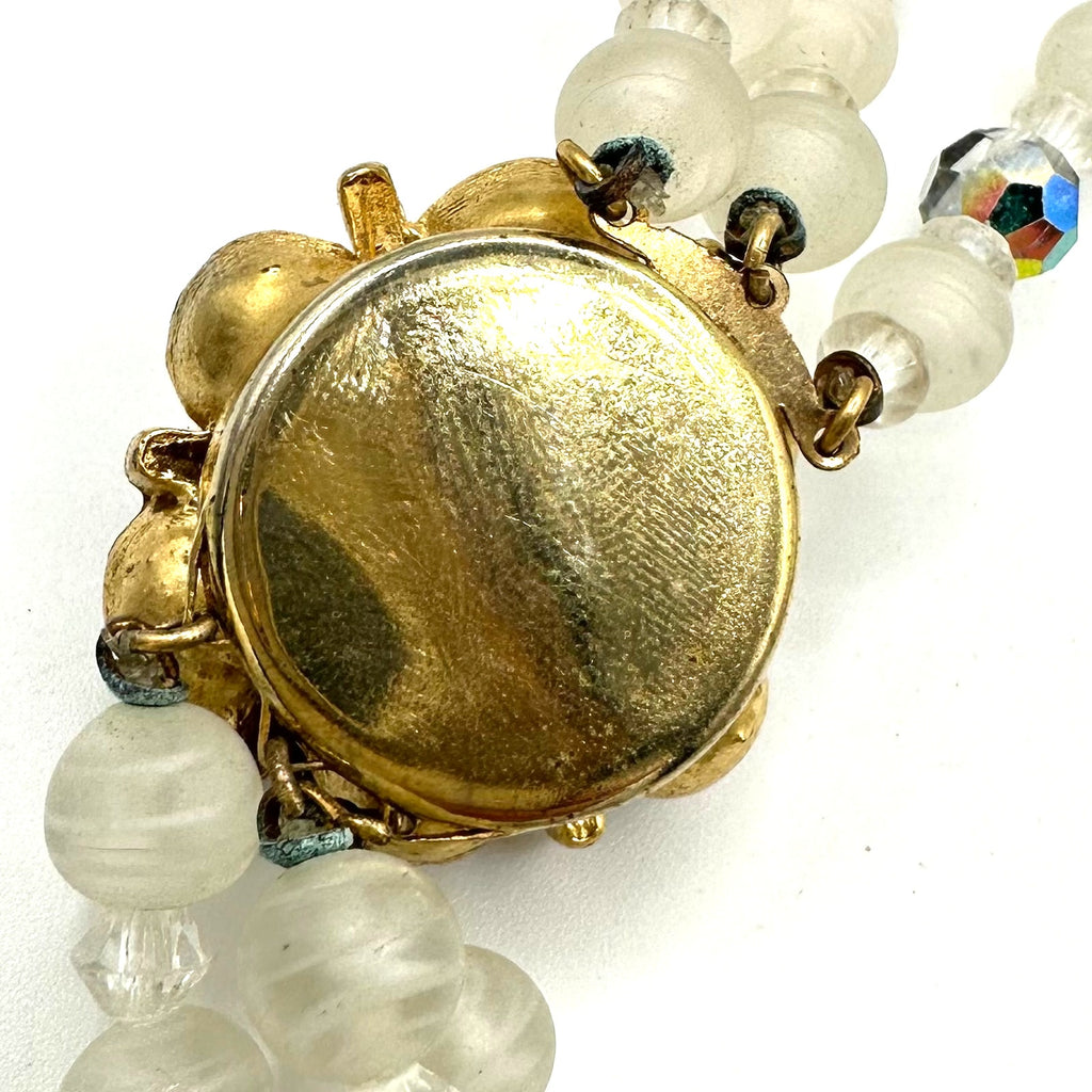 Vintage 3 strand watermelon AB aurora borealis white art glass beaded necklace