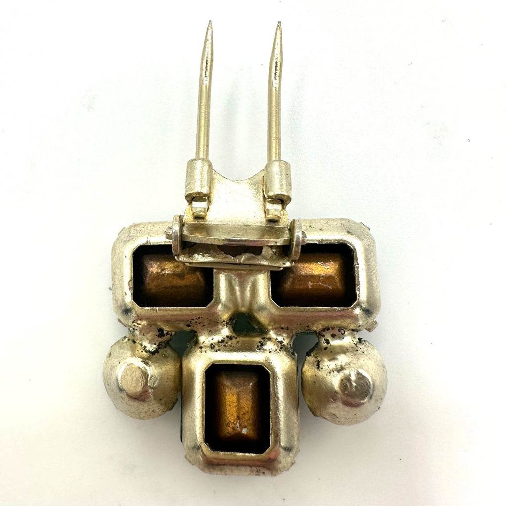 1930s 1940s antique Art Deco gold emerald green rhinestones dress fur clip