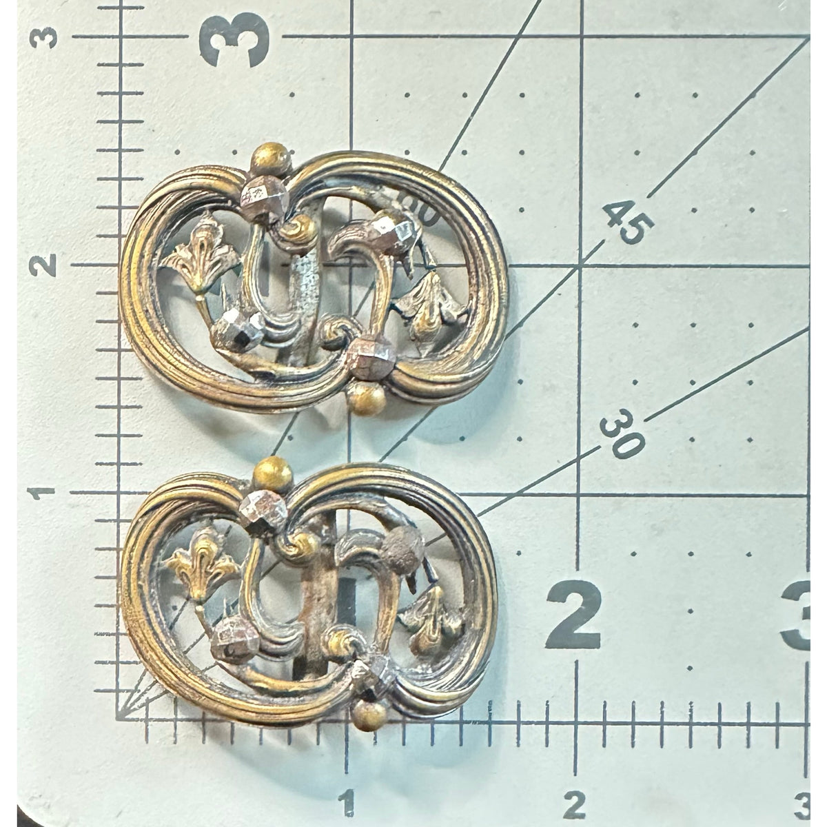 Antique Art Nouveau Victorian pair matching set brass floral cut steel buckles
