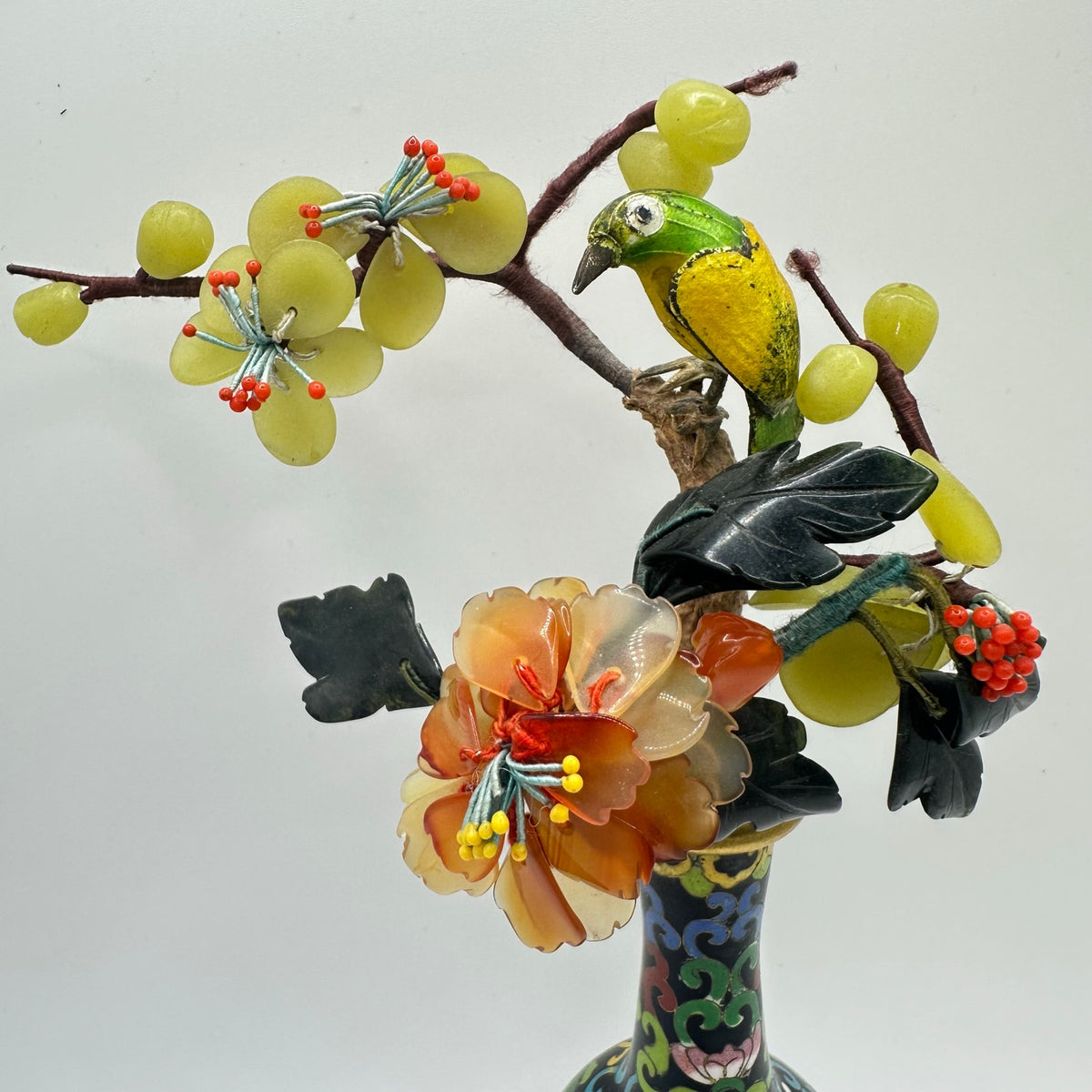 Vintage Chinese cloisonné enamel vase guilloche bird semiprecious flowers tree