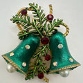 Vintage gold tone AB red rhinestones green enamel Christmas bells brooch