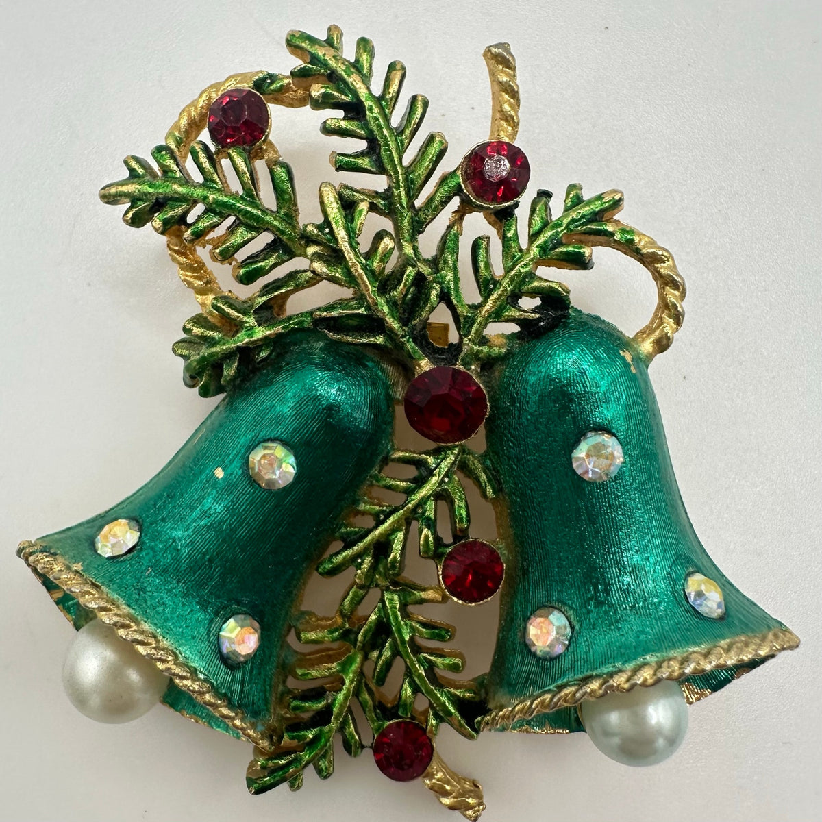 Vintage gold tone AB red rhinestones green enamel Christmas bells brooch