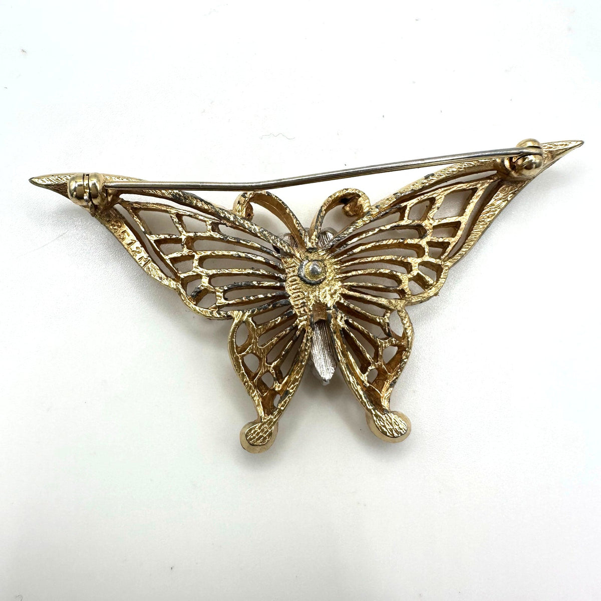 Marcel Boucher vintage gold tone clear red rhinestones butterfly brooch