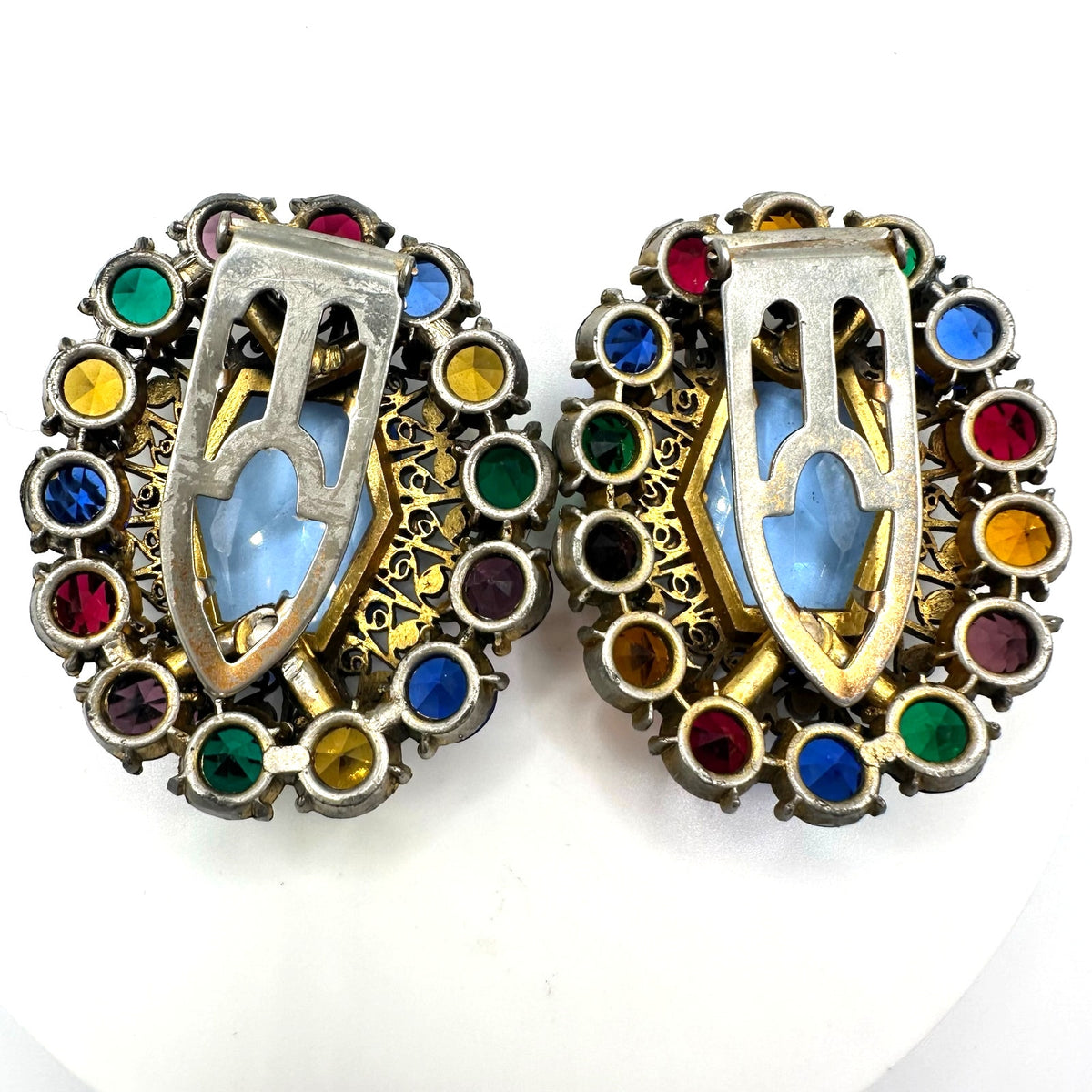 1930s 1940s Art Deco large multicolor Czech glass rhinestones set 2 dress clips