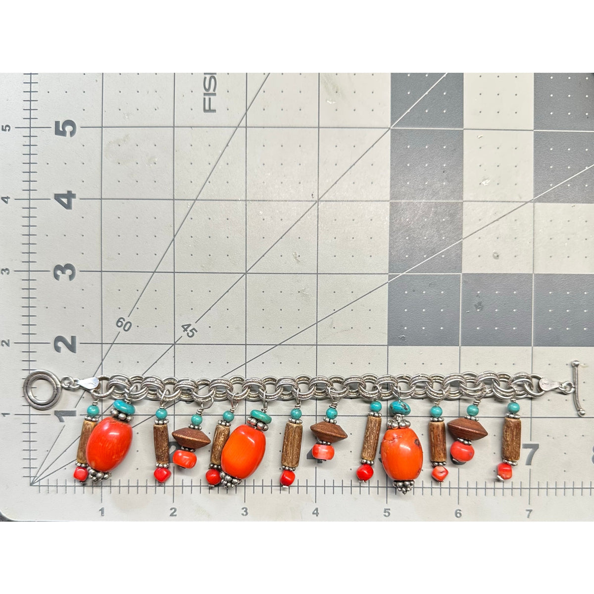 Southwestern 925 sterling silver genuine red coral turquoise charms bracelet