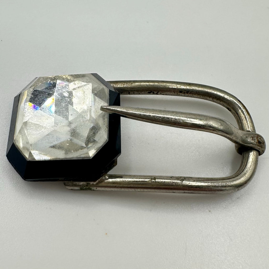 Made in France antique Art Deco silver tone clear black Czech glass belt buckle